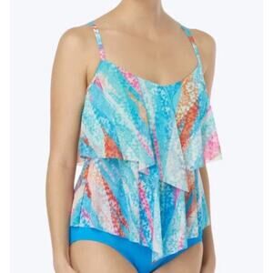 2/$15 Beach House Portia Tiered Mesh Tankini Swim Top Padded Shelf Bra Size 6